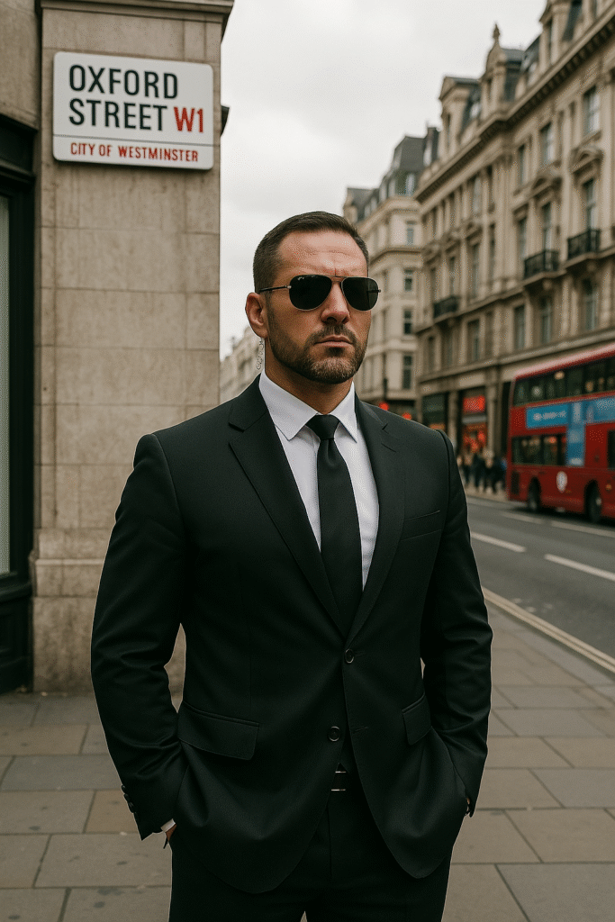 hire a bodyguard in London - close protection officer escorting a client through Mayfair