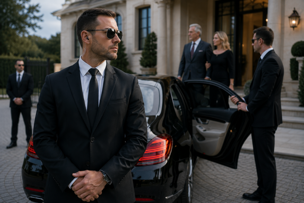 security for high net worth individuals - close protection officer with a client outside a London residence