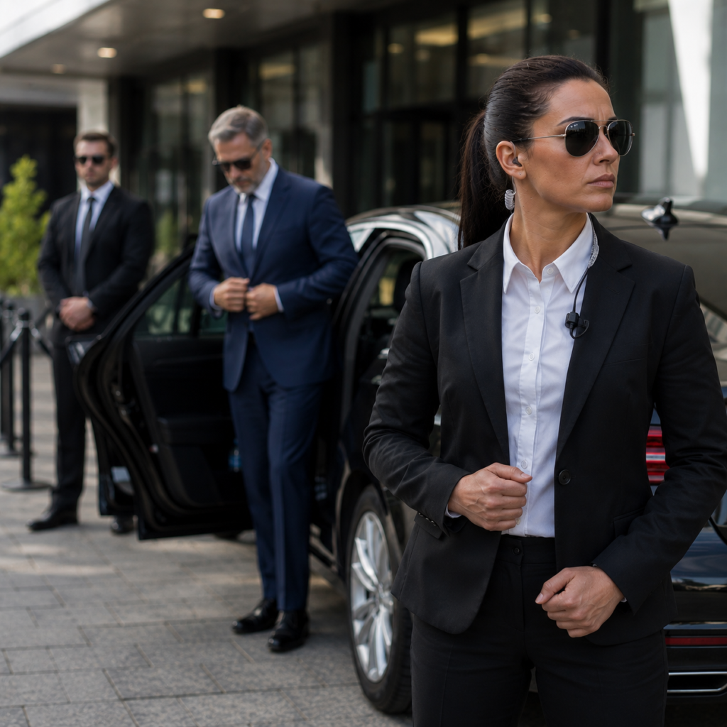 close protection officer scanning a venue ahead of his principal