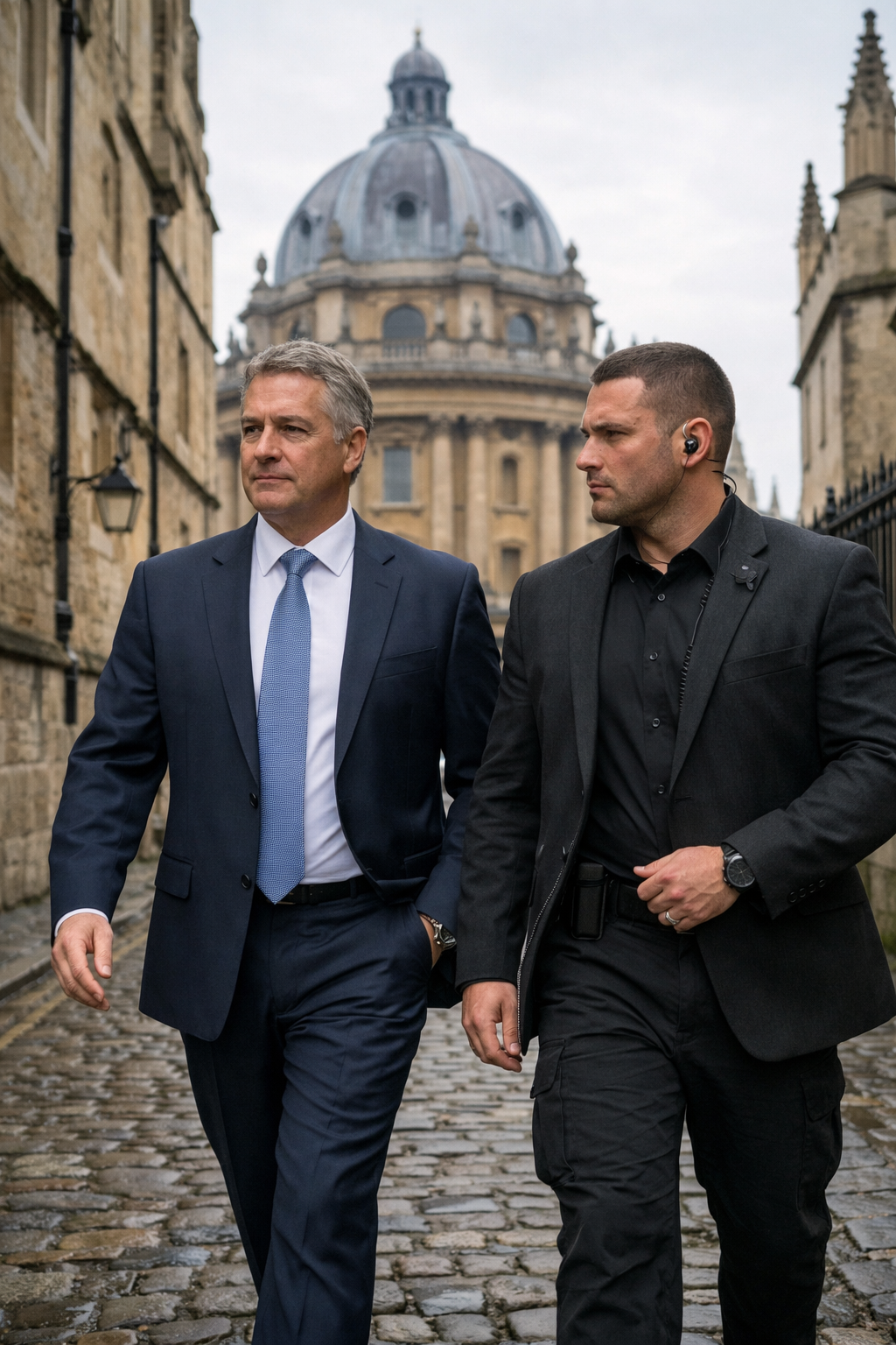 Bodyguard services in Oxfordshire, close protection team walking through Oxford city centre